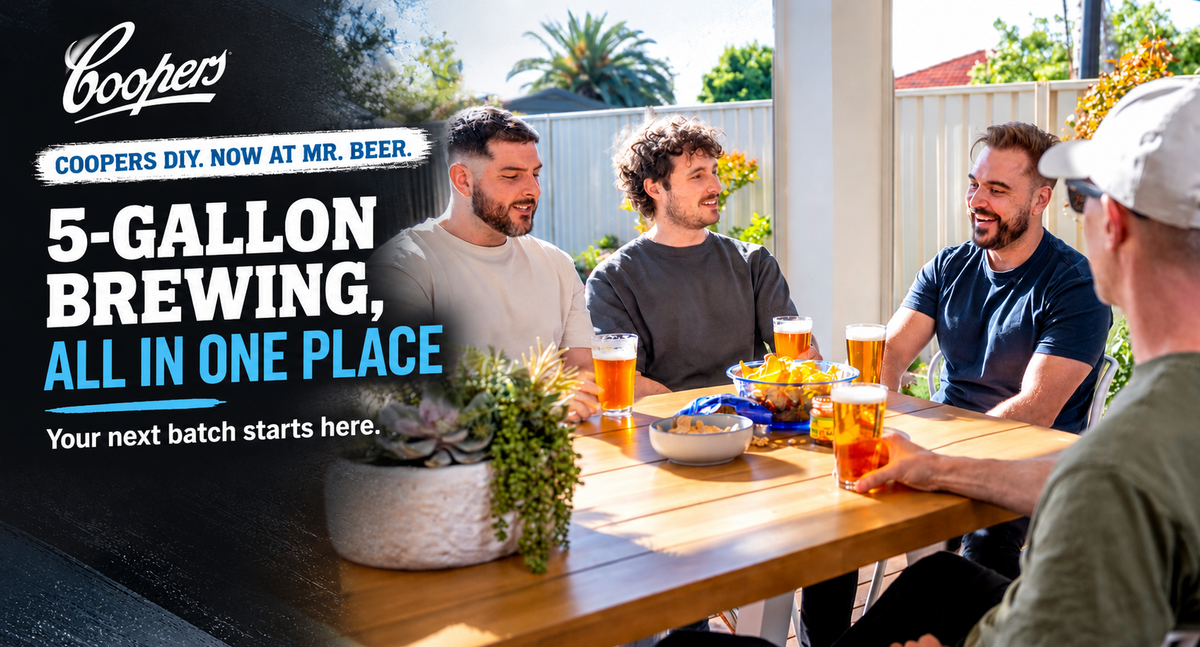 Coopers DIY at Mr. Beer hero banner showing homebrewers enjoying beer outdoors with 15% off Coopers DIY brewing supplies and refills