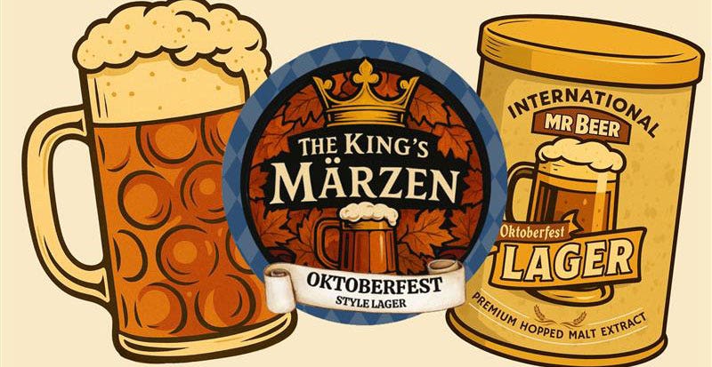 Mr. Beer King’s Märzen Oktoberfest homebrew kit with fermenter, bottles, and recipe ingredients on a wooden table