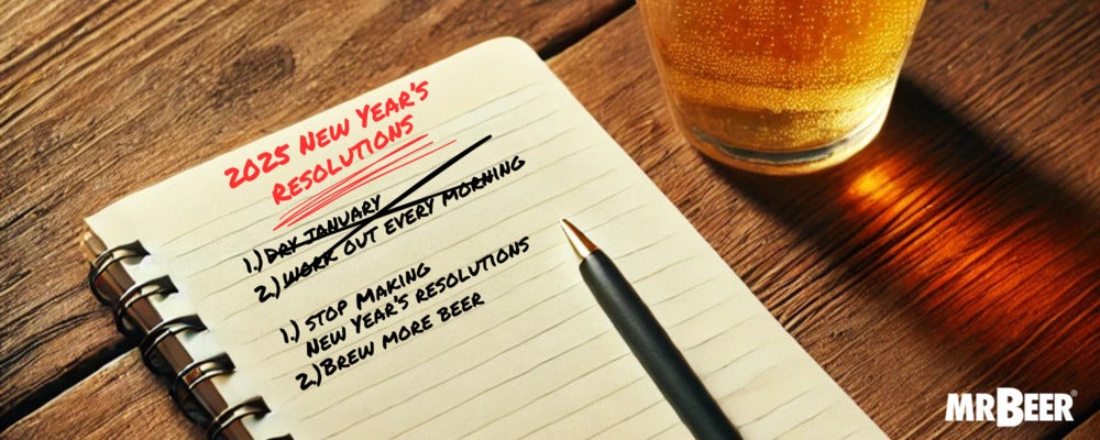 2025 New Year's resolutions list with crossed-out goals and 'Brew More Beer' added, next to a glass of beer on a wooden table. Mr. Beer logo in the corner.