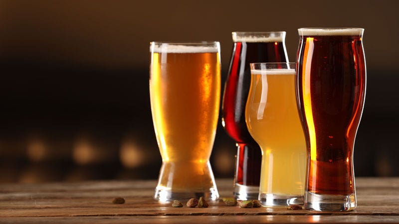 Different homebrew beer styles poured into glasses