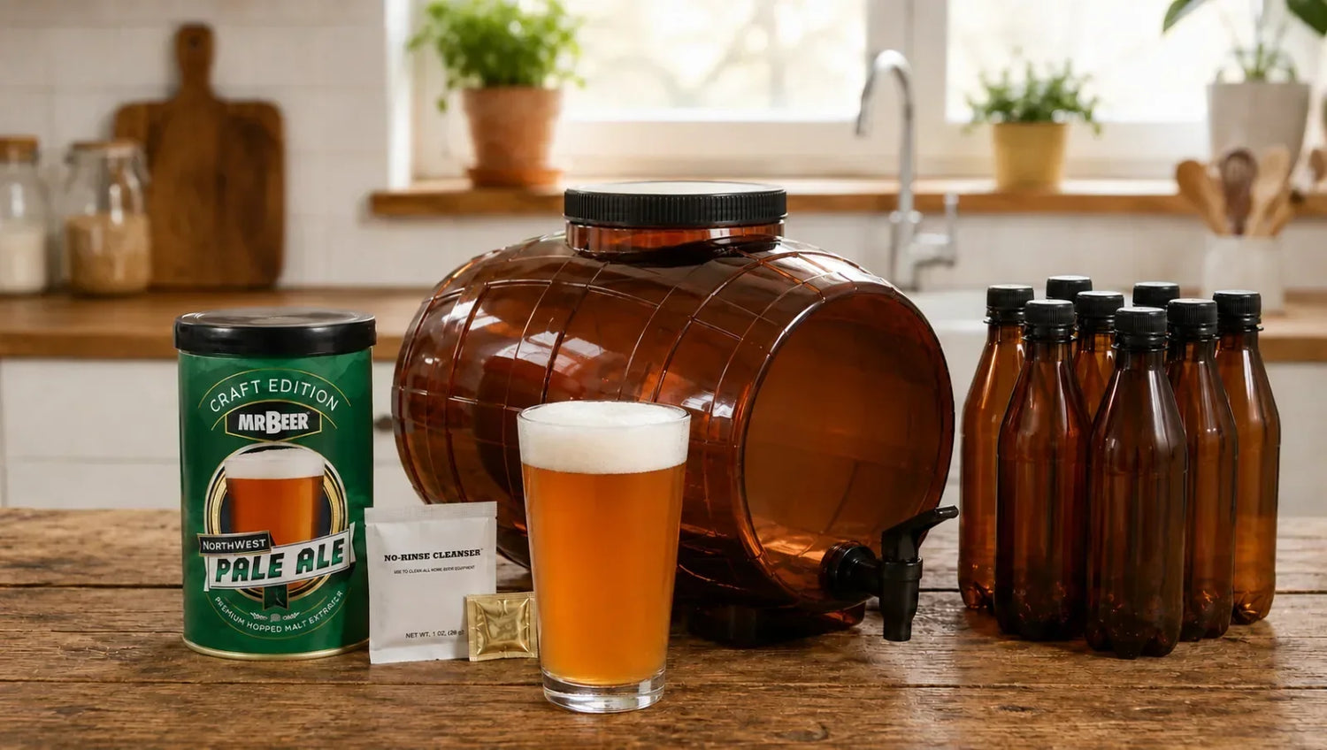 Mr. Beer beginner brewing kit with fermenter, bottles, Northwest Pale Ale refill, and finished beer