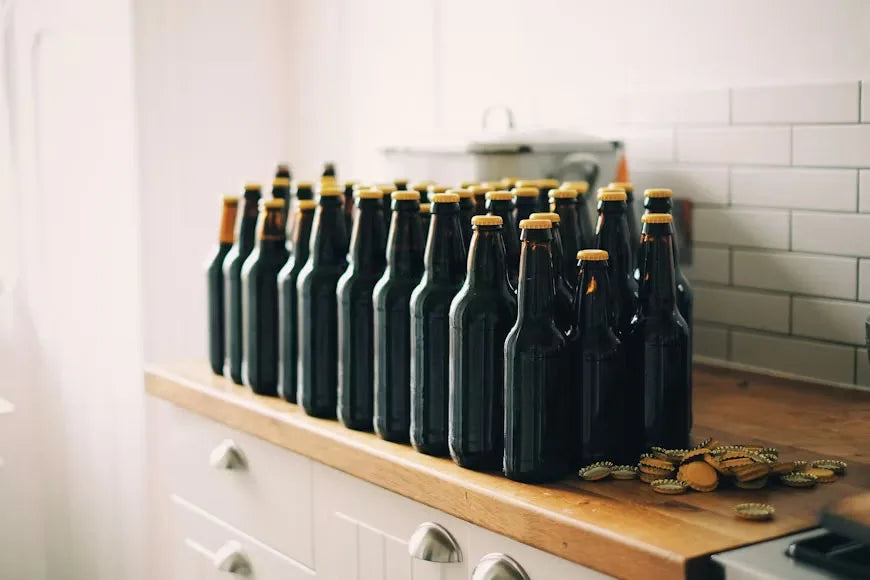 Bottles of homebrewed beer from a first homebrew batch