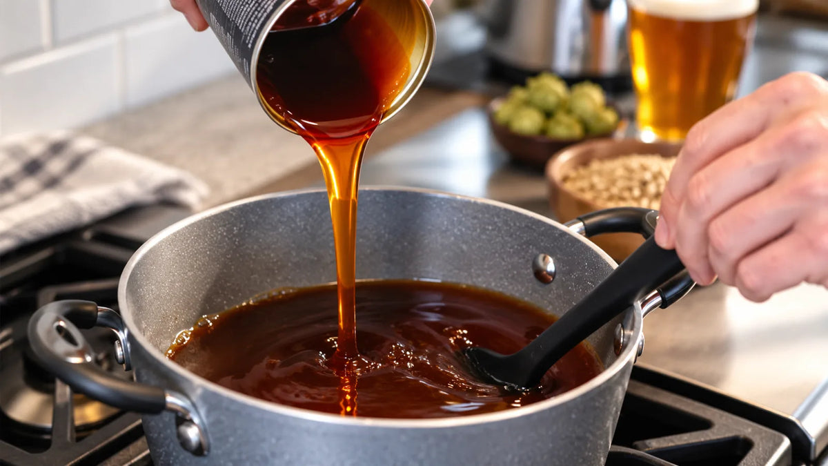 Hopped malt extract being poured into a brew pot during a Mr. Beer batch