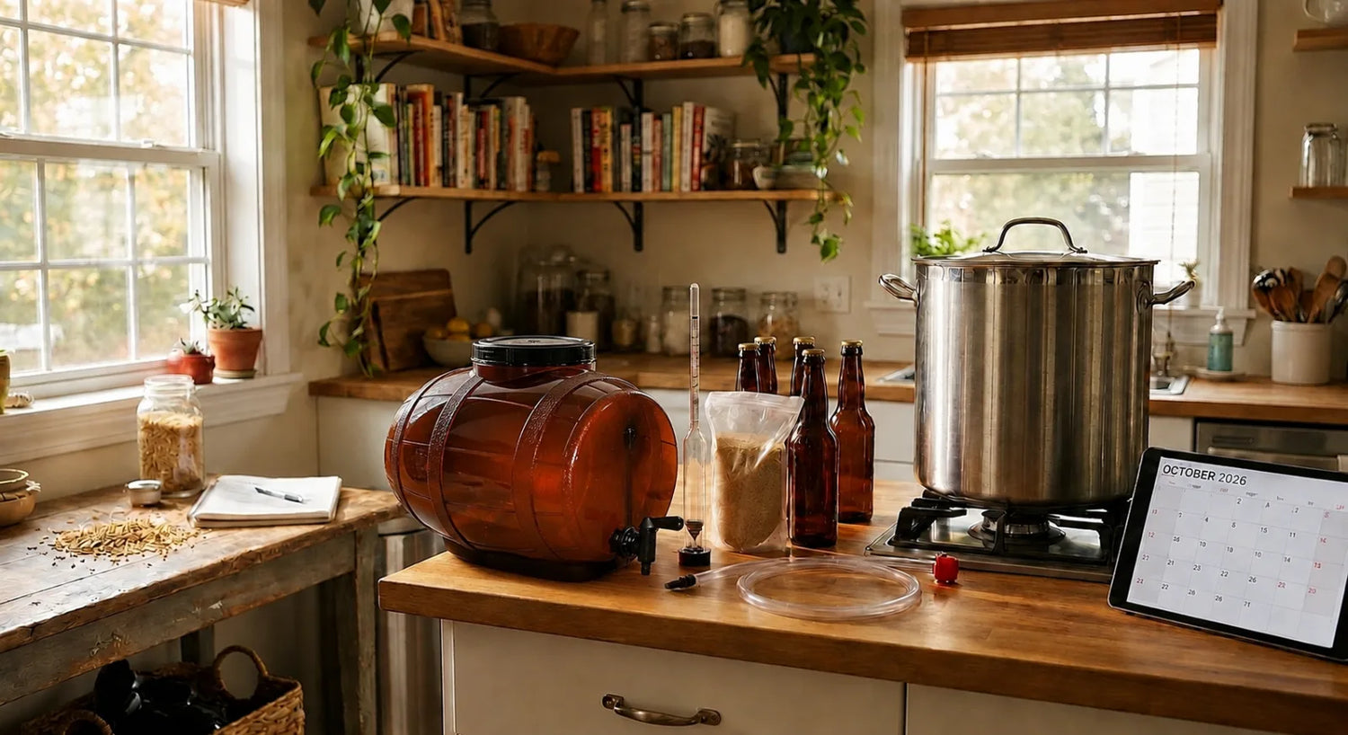 Homebrewing equipment and beer bottles set up in a home kitchen