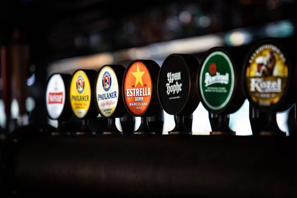 Beer labels on display representing different styles for new homebrewers to explore