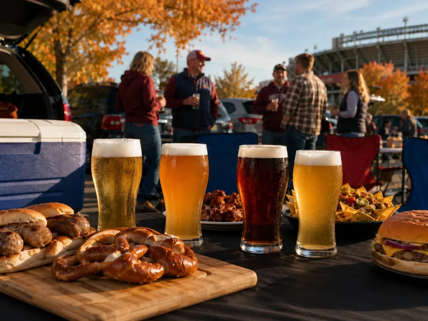 Four beer styles with bratwurst, pretzels, wings, nachos, and burgers at a fall football tailgate.