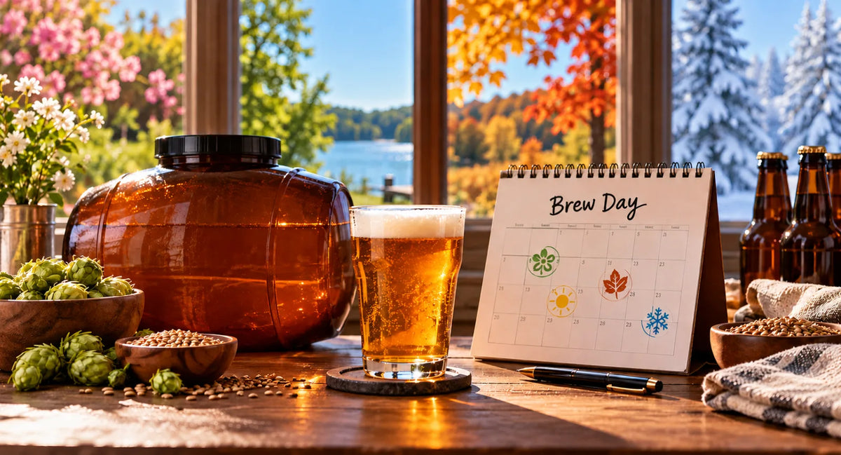 Homebrewing setup with fermenter, beer glass, hops, barley, and a brew day calendar representing spring, summer, fall, and winter