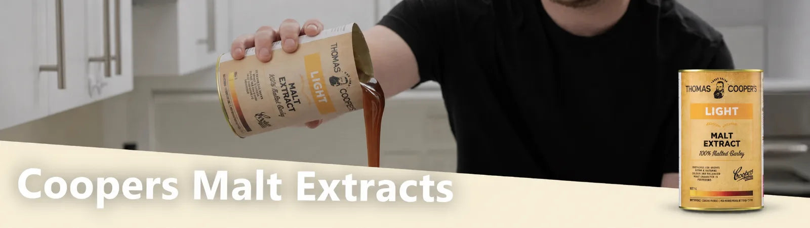 Coopers Malt Extracts light malt extract can being poured in a kitchen