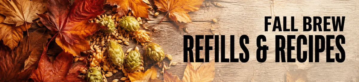 Fall beer refills and recipes collection banner with autumn leaves, hops, and barley on a rustic wood background