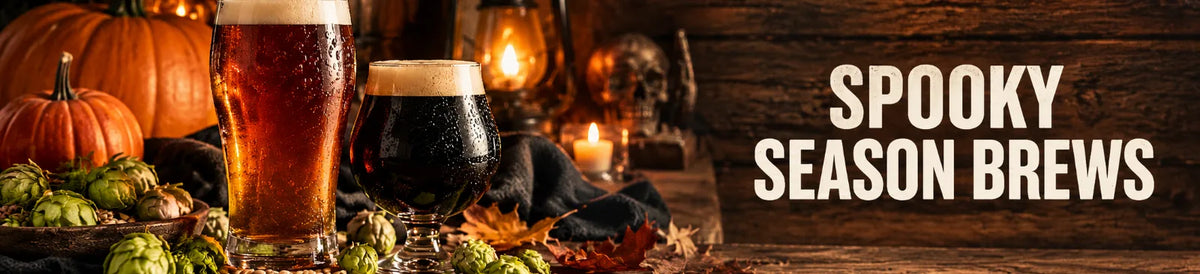 Spooky Season Brews banner with amber and dark beer, pumpkins, hops, candles, and Halloween decor on a rustic wood background