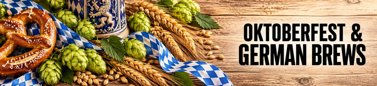 Oktoberfest and German beer styles banner with pretzels, hops, barley, a Bavarian stein, and blue-and-white ribbon on a rustic wood background
