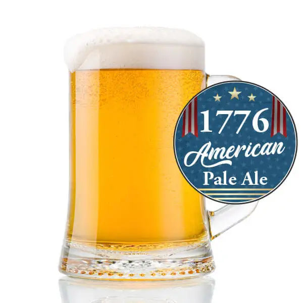 Glass mug of 1776 American Pale Ale with a label on a white background