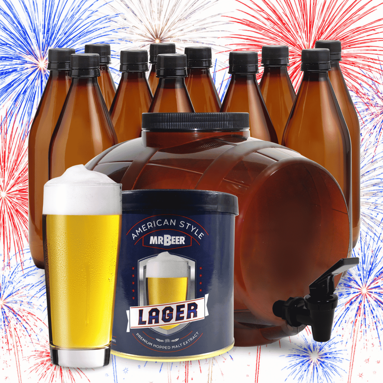 Mr. Beer American Style Lager brewing kit with bottles and a glass of beer against a fireworks background.