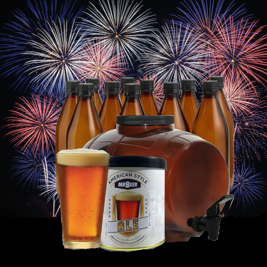 American Ale complete beer making kit with fermenter, bottles, brewing extract, and beer glass