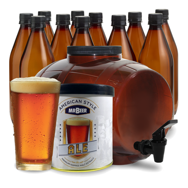 American Ale complete beer making kit with fermenter, bottles, brewing extract, and beer glass
