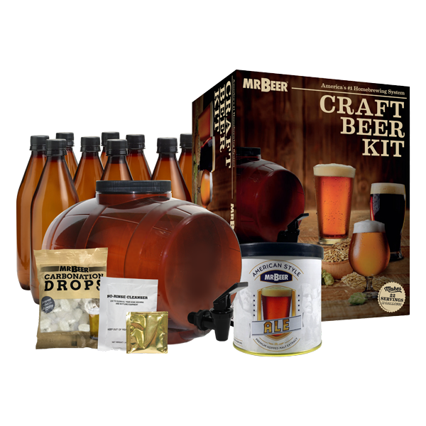 American Ale complete beer making kit with box, fermenter, bottles, and ingredients