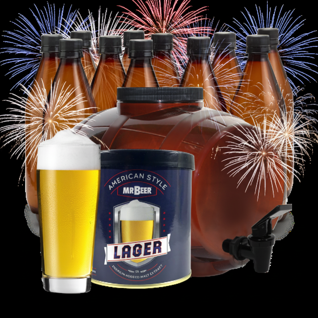 Mr. Beer American Style Lager brewing system with bottles and a glass of beer with fireworks in the background
