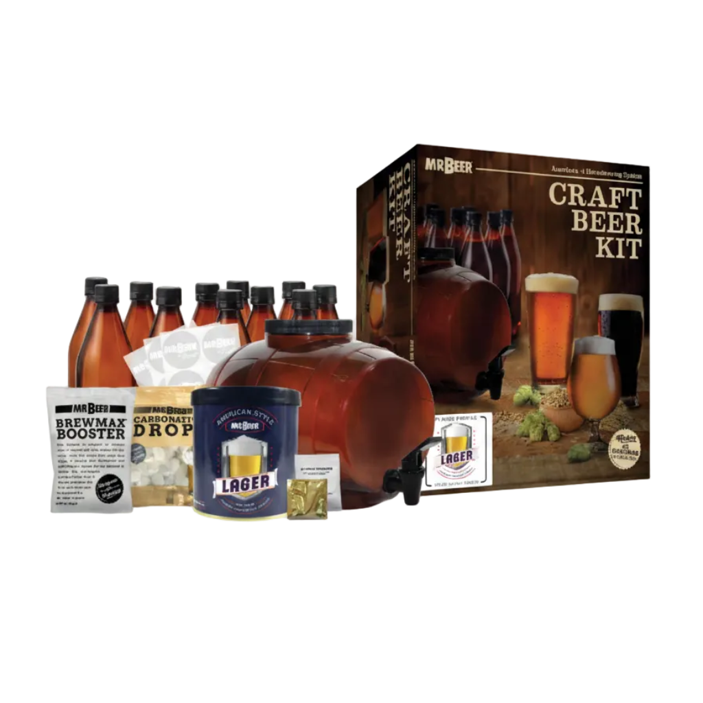 American Lager complete beer making kit with box, fermenter, bottles, and ingredients