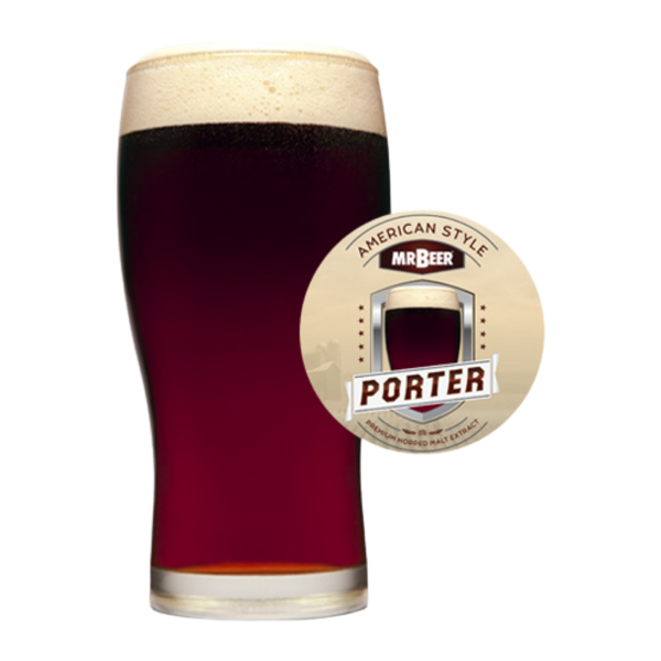 American Porter beer poured in a glass with badge