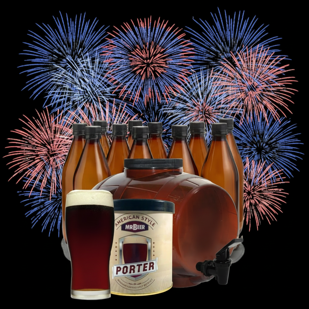 American Porter complete beer making kit with fermenter, bottles, brewing extract, and beer glass