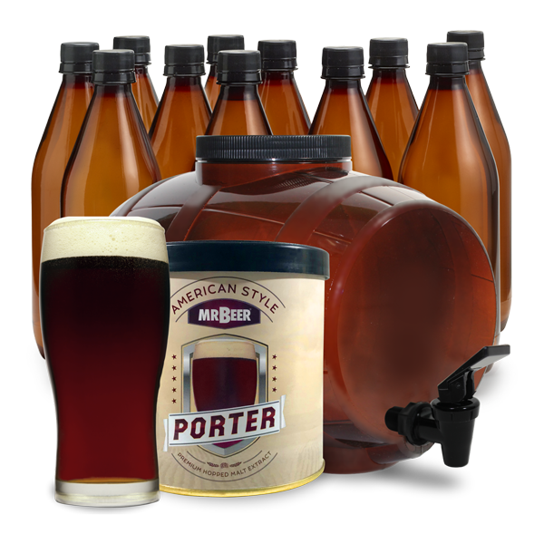 American Porter complete beer making kit with fermenter, bottles, brewing extract, and beer glass