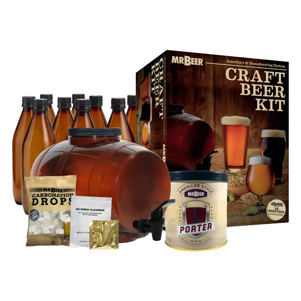 American Porter complete beer making kit with box, fermenter, bottles, and ingredients