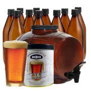 Mr. Beer American Style Ale homebrew kit with bottles and a glass of beer.
