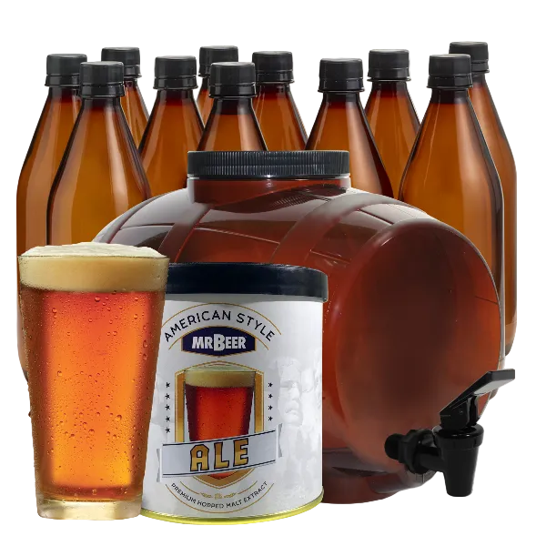 Mr. Beer American Style Ale homebrew kit with bottles and a glass of beer.