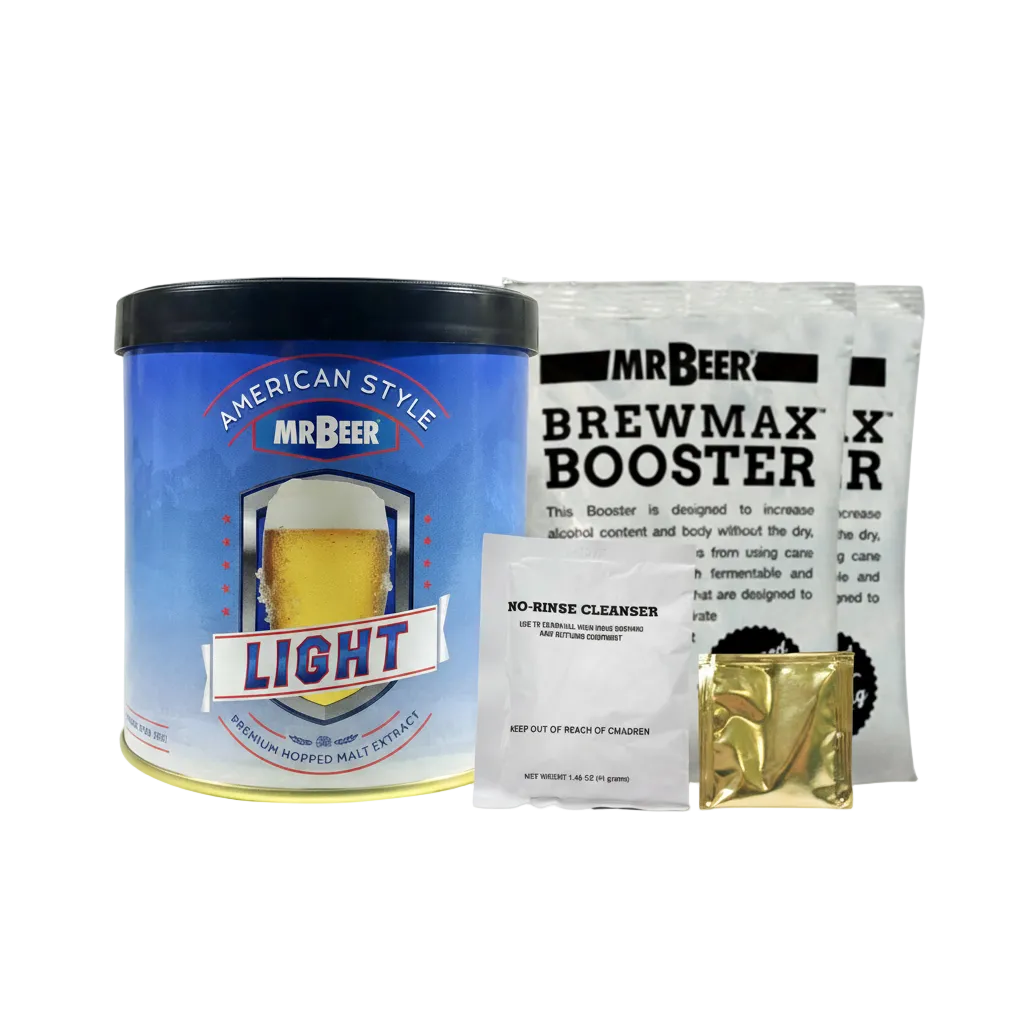 Mr Beer American Style Light HME with BrewMax Booster, No-Rinse Cleanser, and Gold Packet on a transparent background