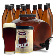 Mr. Beer American Style Porter brewing kit with bottles and a glass of porter beer.