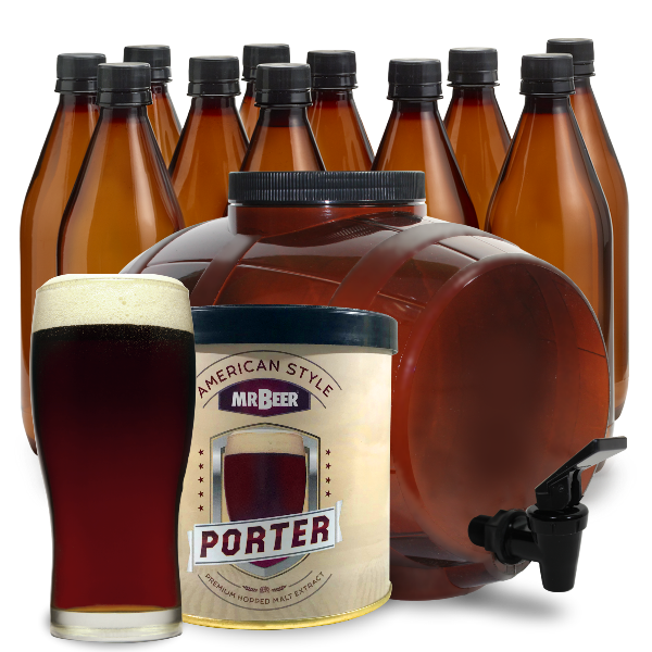 Mr. Beer American Style Porter brewing kit with bottles and a glass of porter beer.
