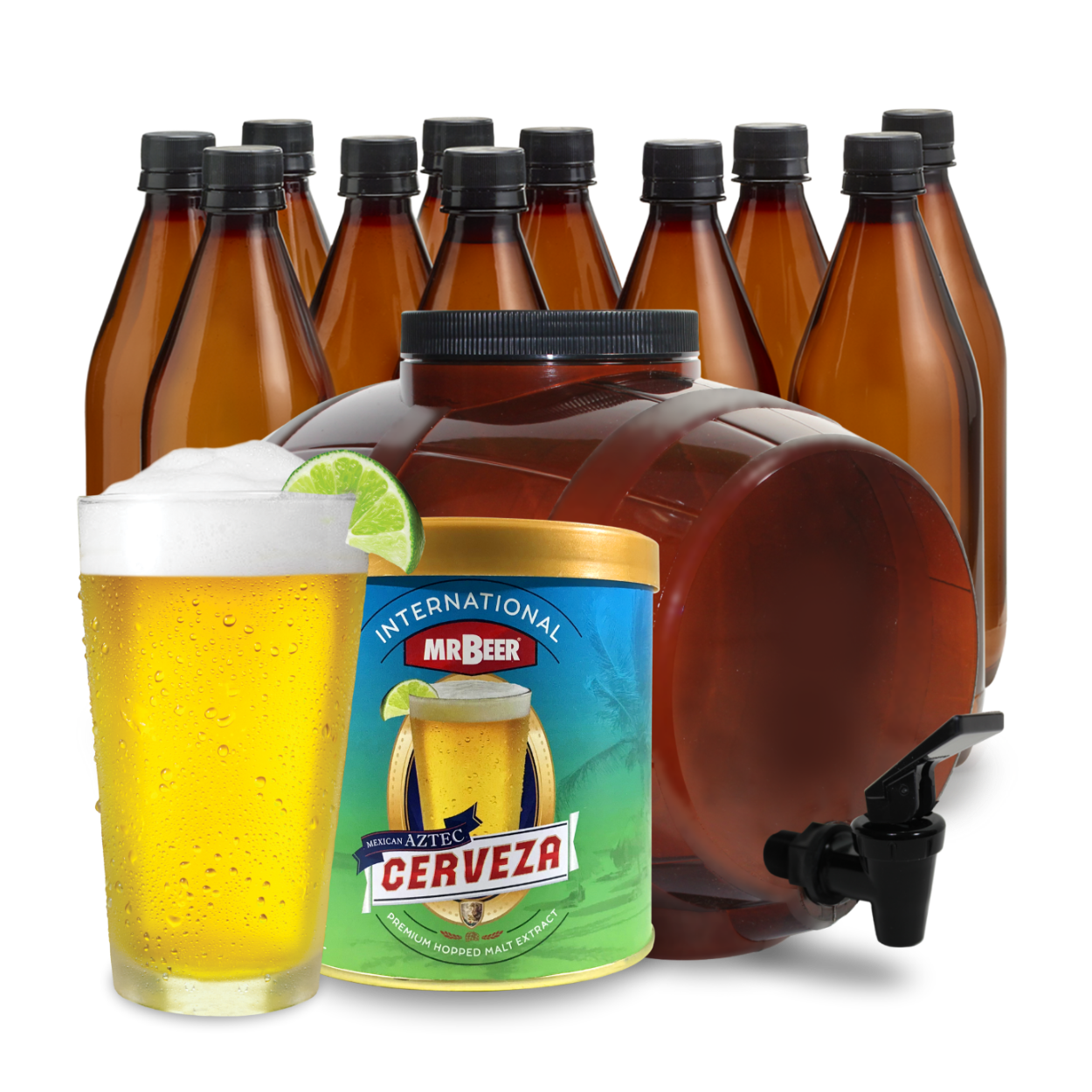 Aztec Mexican Cerveza complete beer making kit with fermenter, bottles, brewing extract, and beer glass