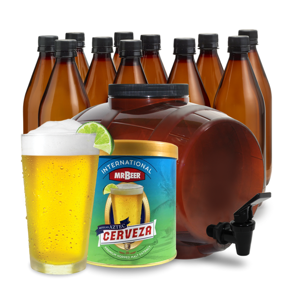 Aztec Mexican Cerveza complete beer making kit with fermenter, bottles, brewing extract, and beer glass