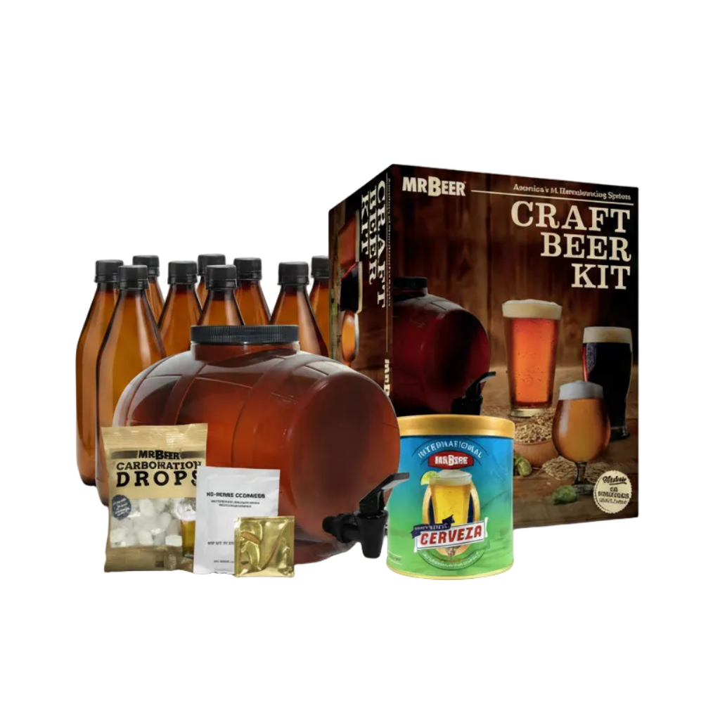 Aztec Mexican Cerveza complete beer making kit with box, fermenter, bottles, and ingredients
