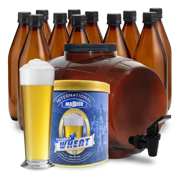 Bavarian Weissbier complete beer making kit with fermenter, bottles, brewing extract, and beer glass