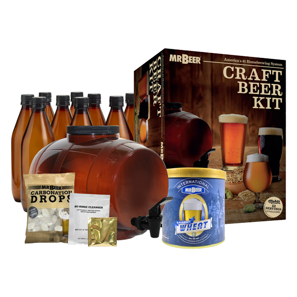Bavarian Weissbier complete beer making kit with box, fermenter, bottles, and ingredients