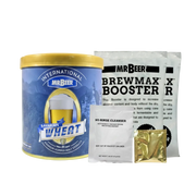 Mr. Beer Bavarian Wheat beer standard refill with Brewmax Booster and No-Rinse Cleanser on a transparent background