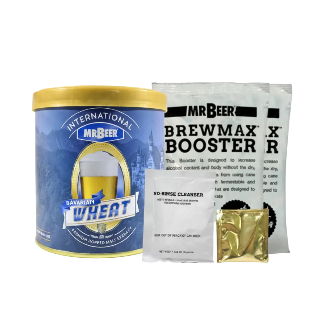 Mr. Beer Bavarian Wheat beer standard refill with Brewmax Booster and No-Rinse Cleanser on a transparent background