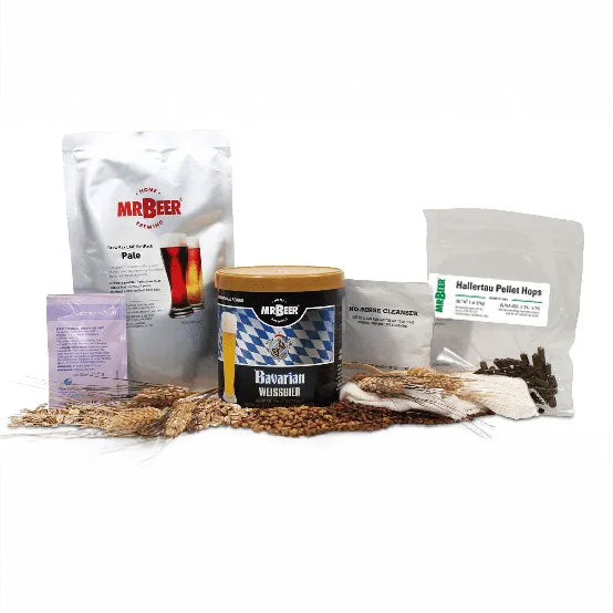Collection of Mr. Beer brewing supplies including bags, a canister, and grains on a white background.