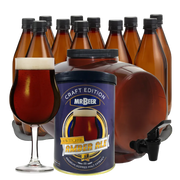 Bewitched Amber Ale complete beer making kit with fermenter, bottles, brewing extract, and beer glass
