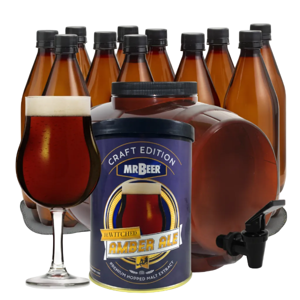 Bewitched Amber Ale complete beer making kit with fermenter, bottles, brewing extract, and beer glass
