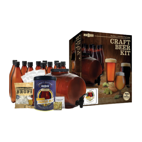 Bewitched Amber Ale complete beer making kit with box, fermenter, bottles, and ingredients