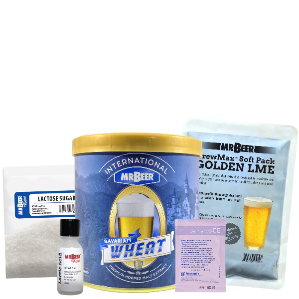 Mr. Beer Bavarian Wheat brewing kit components on a white background