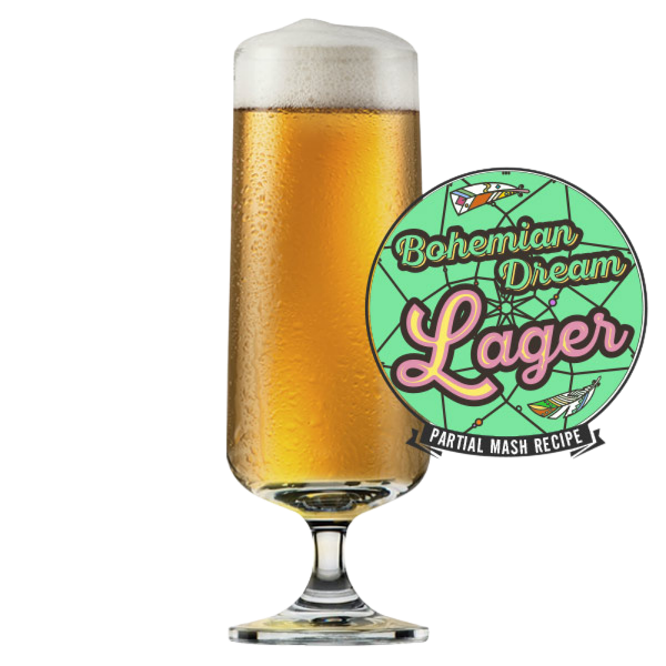 Glass of Bohemian Dream Lager with a label on a white background