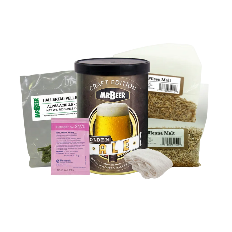 Mr. Beer craft brewing kit with various ingredients on a white background