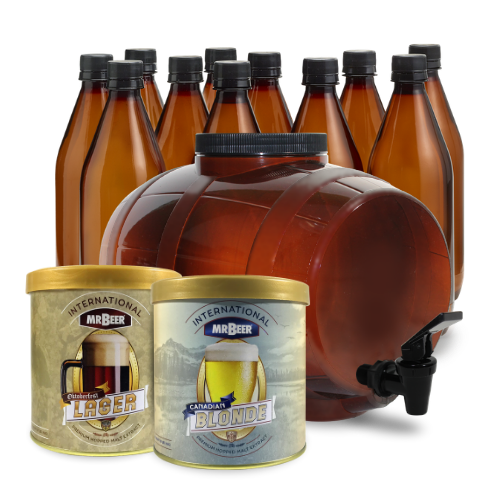 Oktoberfest Lager and Canadian Blonde bonus complete beer making kit with fermenter, bottles, and brewing extracts