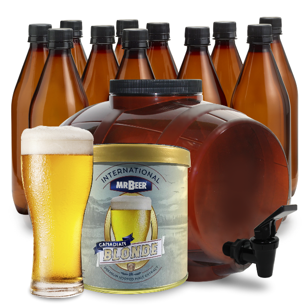 Canadian Blonde Complete Beer Making Kit with fermenter, bottles, brewing extract, and beer glass