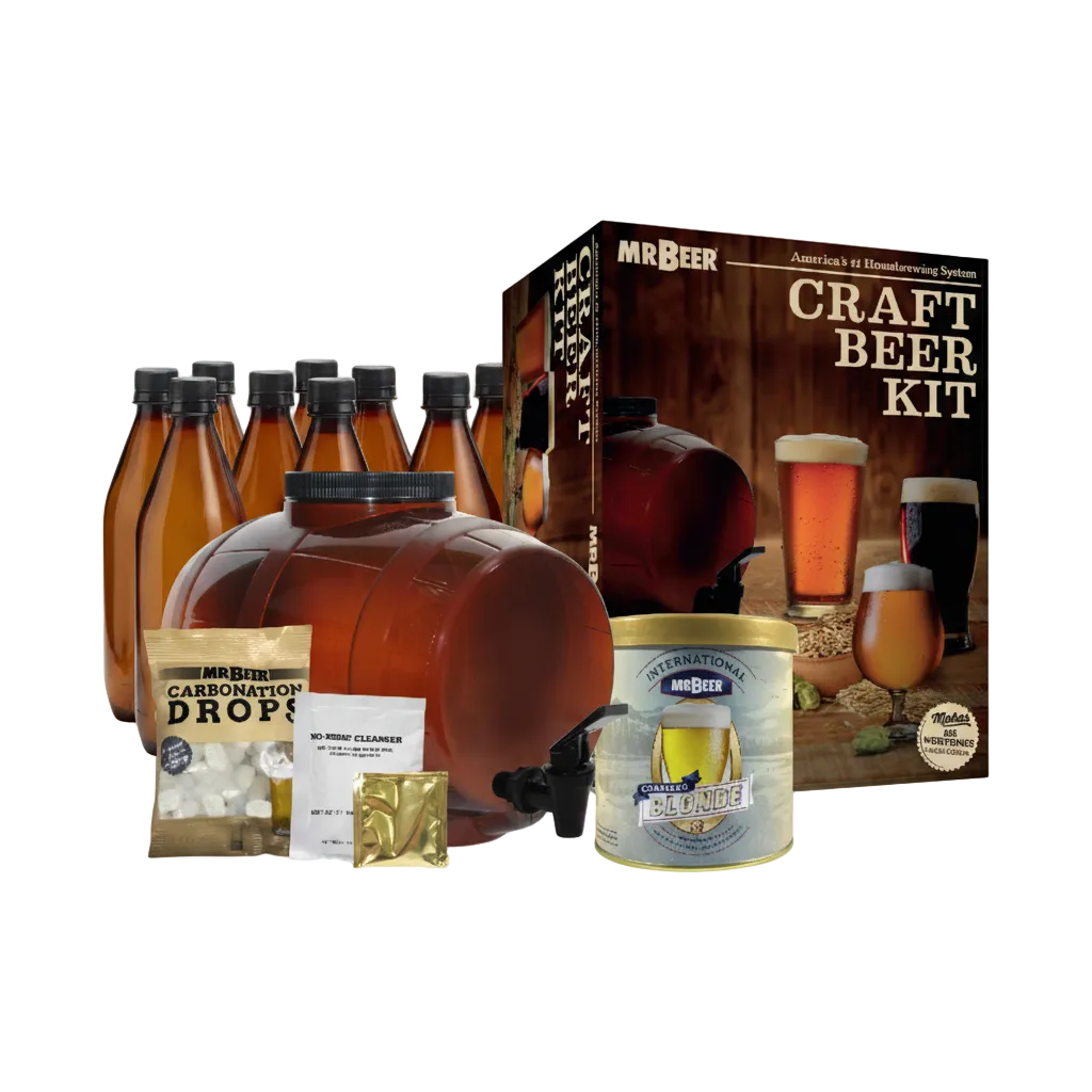 Canadian Blonde Complete Beer Making Kit with box, fermenter, bottles, and ingredients
