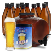 Classic American Light complete beer making kit with fermenter, bottles, brewing extract, and beer glass