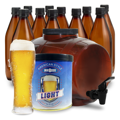 Classic American Light complete beer making kit with fermenter, bottles, brewing extract, and beer glass